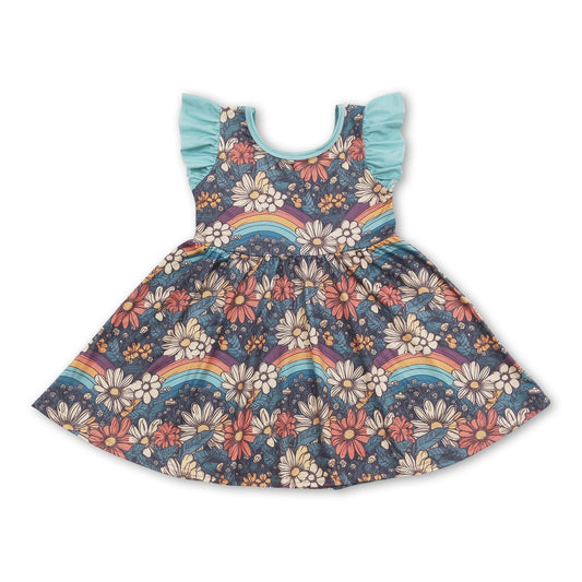 Rainbow flower flutter sleeves girls dresses