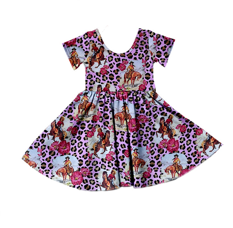 Short sleeves leopard rodeo girls dresses