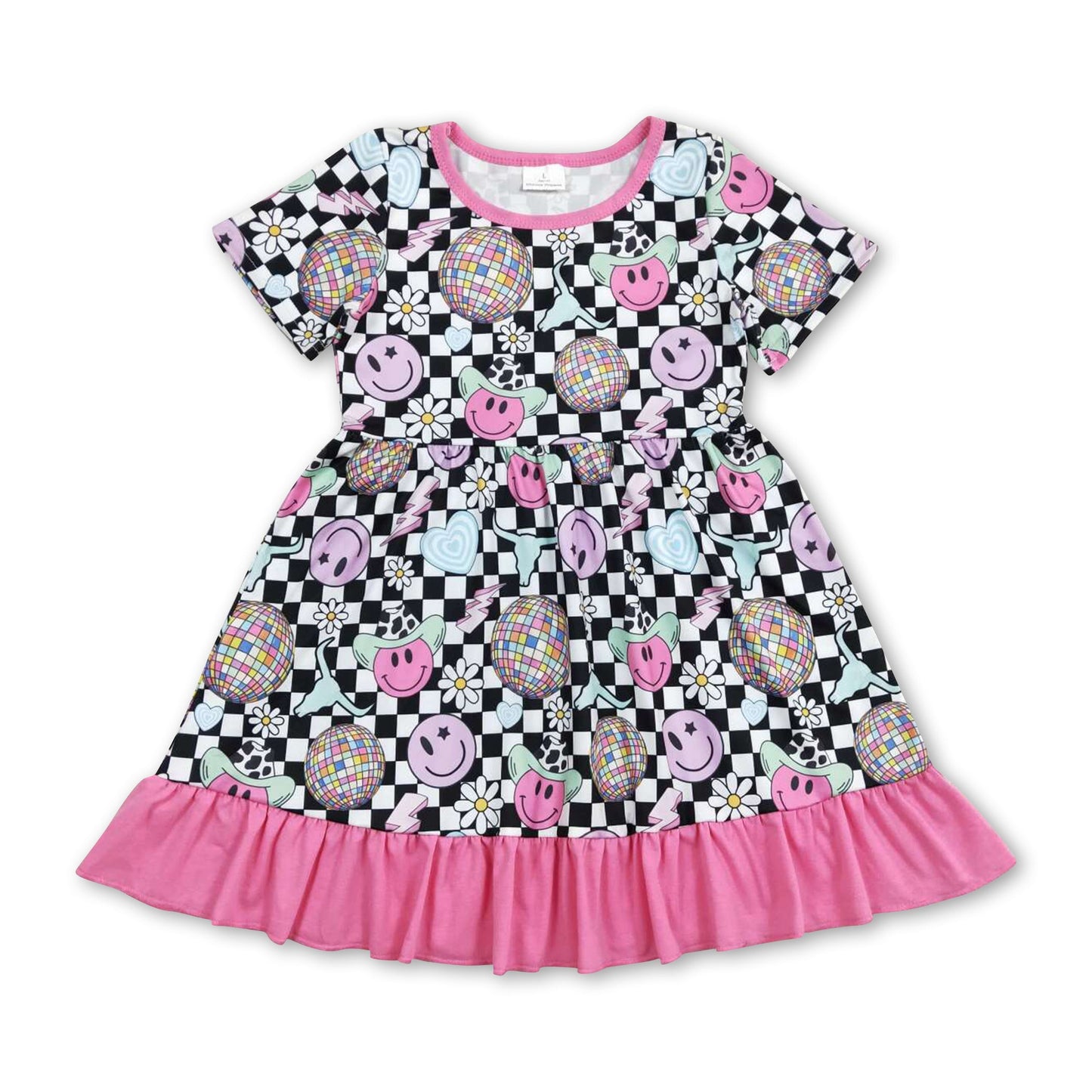 Short sleeves plaid smile flower baby girls dresses