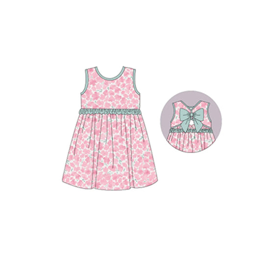 Pink flower sleeveless bow girls spring summer dress