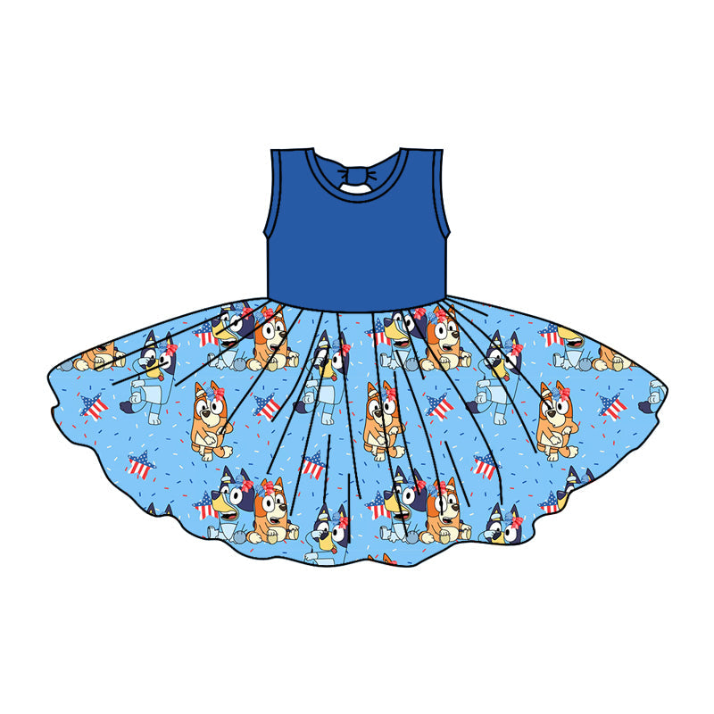 Blue sleeveless dog stars girls 4th of july dresses