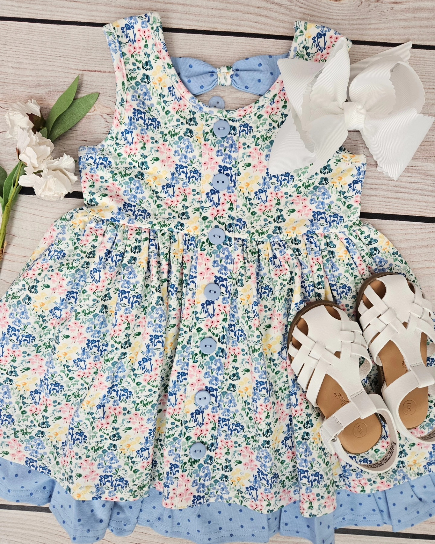 Sleeveless polka dots ruffle floral girls summer dress