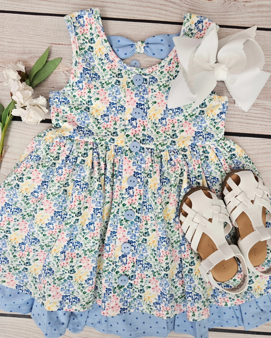 Sleeveless polka dots ruffle floral girls summer dress