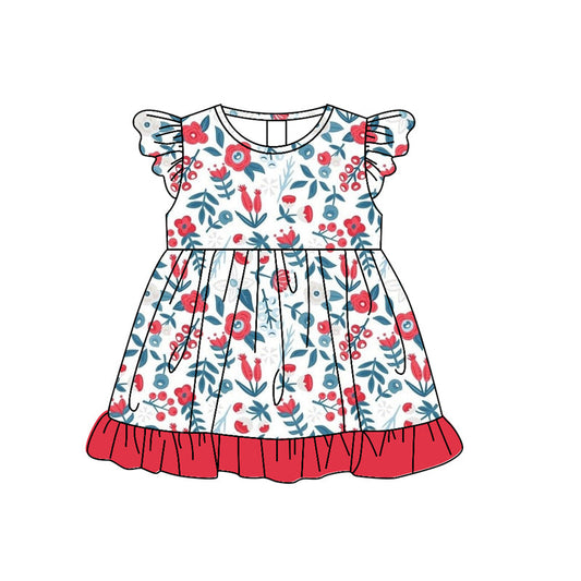 Red floral flutter sleeves baby girls summer dress