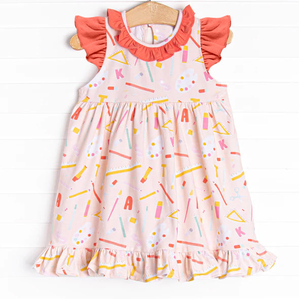 Flutter sleeves pencil ruler kids girls back to school dress