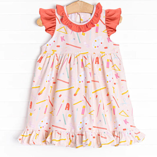 Flutter sleeves pencil ruler kids girls back to school dress