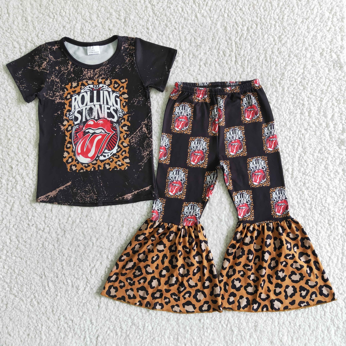 Black bleached shirt leopard tongue bell bottom pants girls clothing set