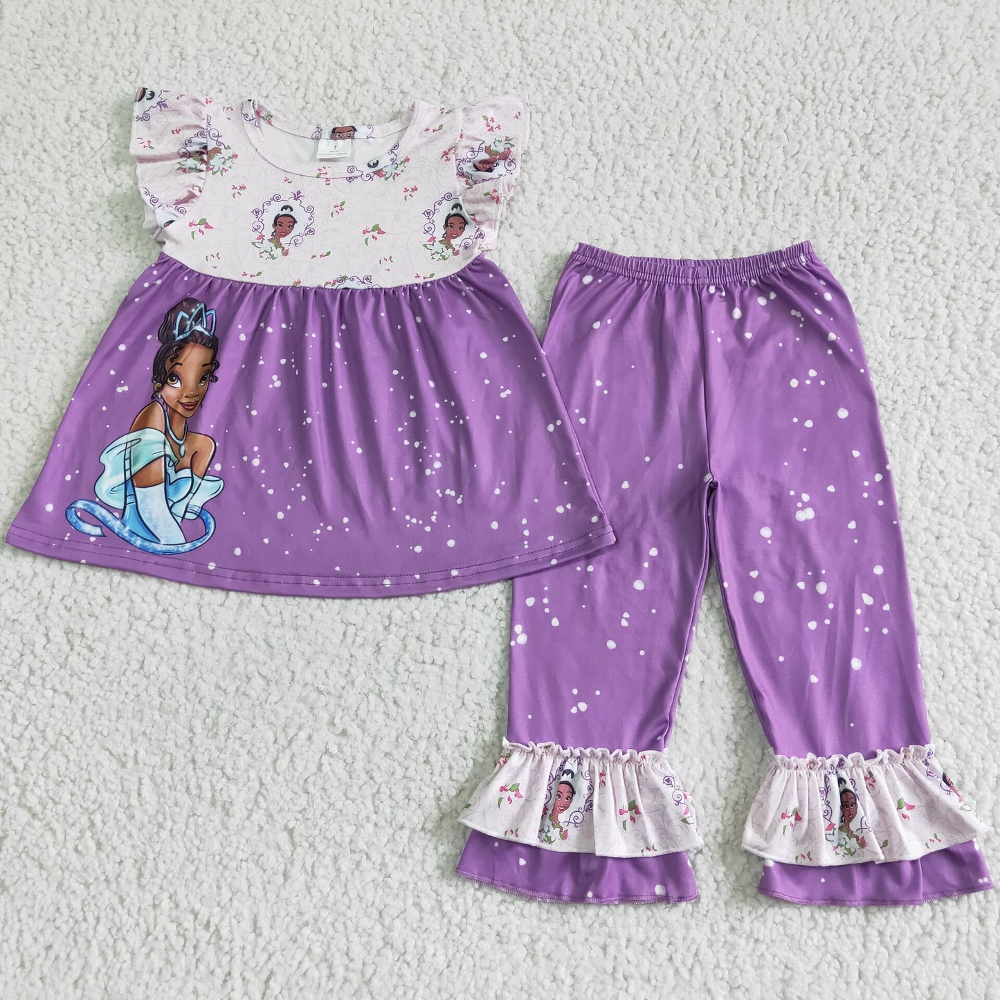 Cute princess flutter sleeve shirt purple ruffle pants girls boutique clothing set