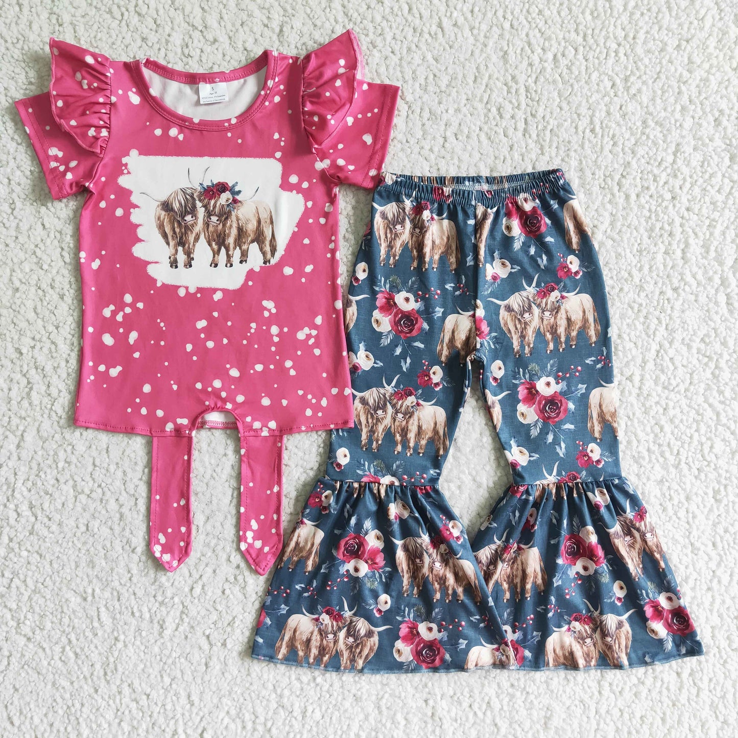 Hot pink highland cow bell bottom pants girls western set