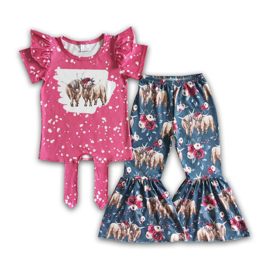 Hot pink highland cow bell bottom pants girls western set