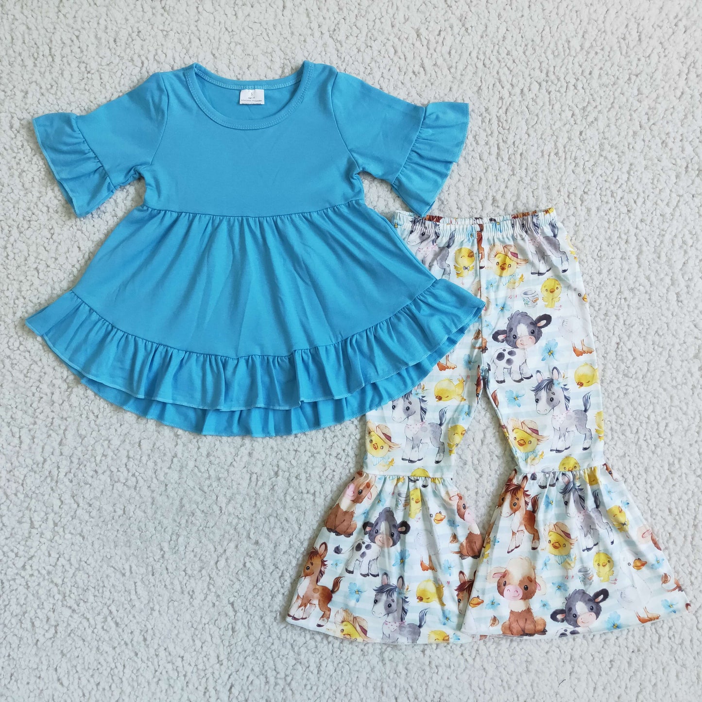 Blue tunic horse bell bottom pants girls clothing set