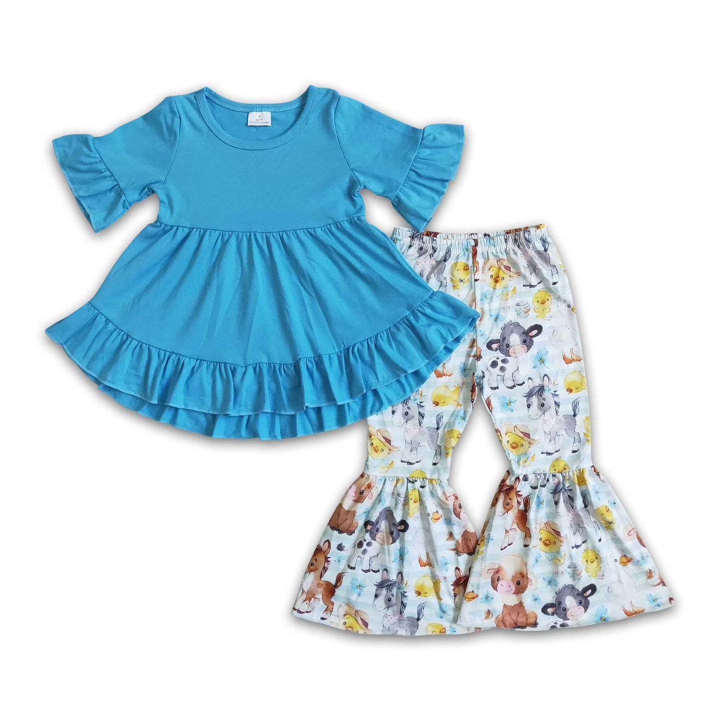 Blue tunic horse bell bottom pants girls clothing set