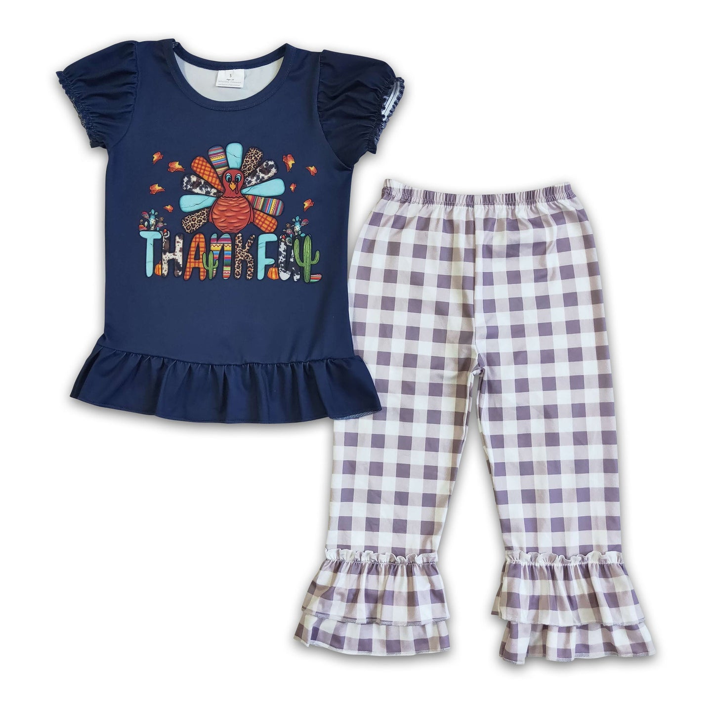 Turkey thankful shirt plaid pants girls western thanksgiving set