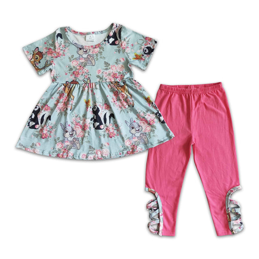 Deer floral tunic hot pink leggings girls clothing set