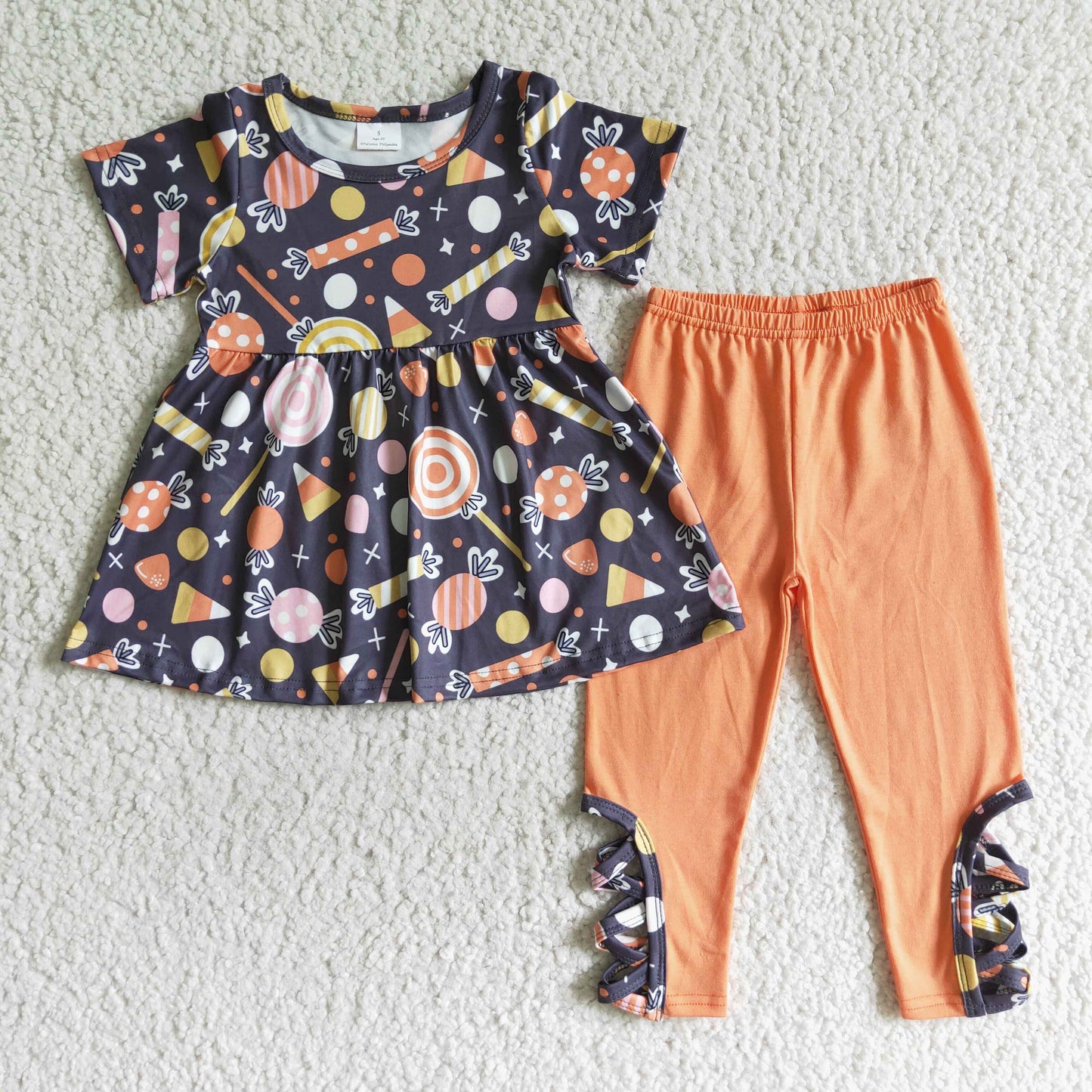 Candy print tunic criss cross leggings baby girls Halloween set