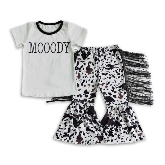 Moody shirt cow tassels bell bottom pants girls western clothing