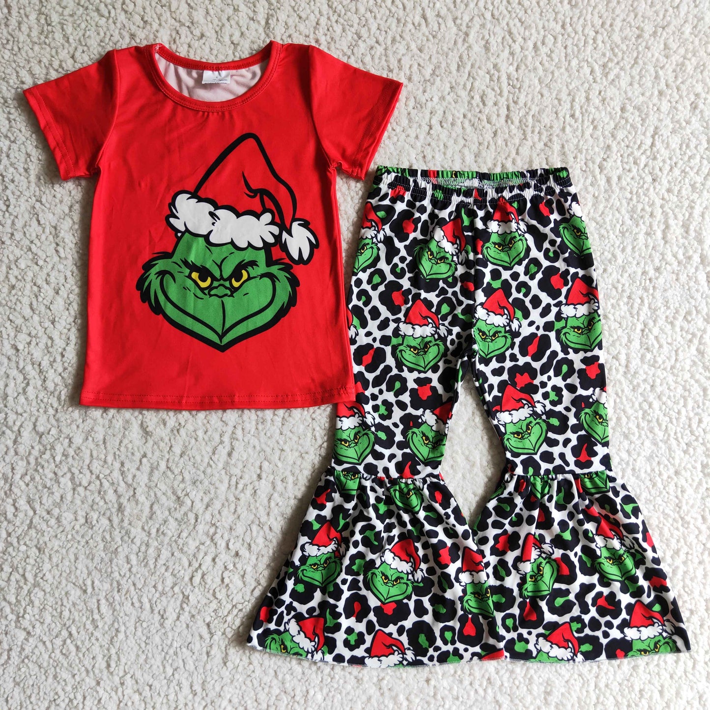 Green face shirt leopard bell bottom pants baby Christmas set