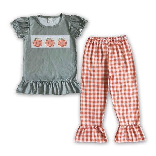 Pumpkin shirt plaid ruffle pants kids girls fall clothes