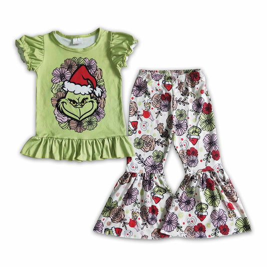 Short sleeve green face shirt pants girls Christmas set