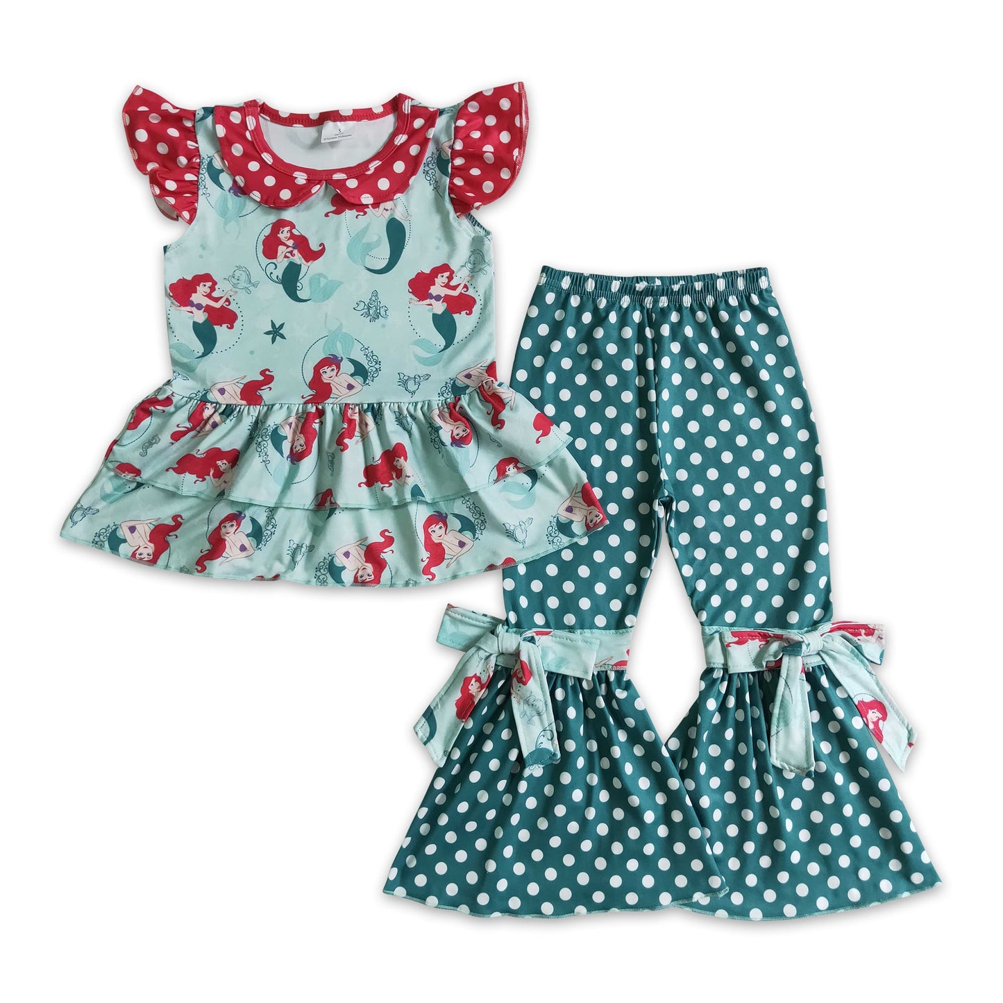 Princess ruffle top green polka dots pants kids girls clothing set