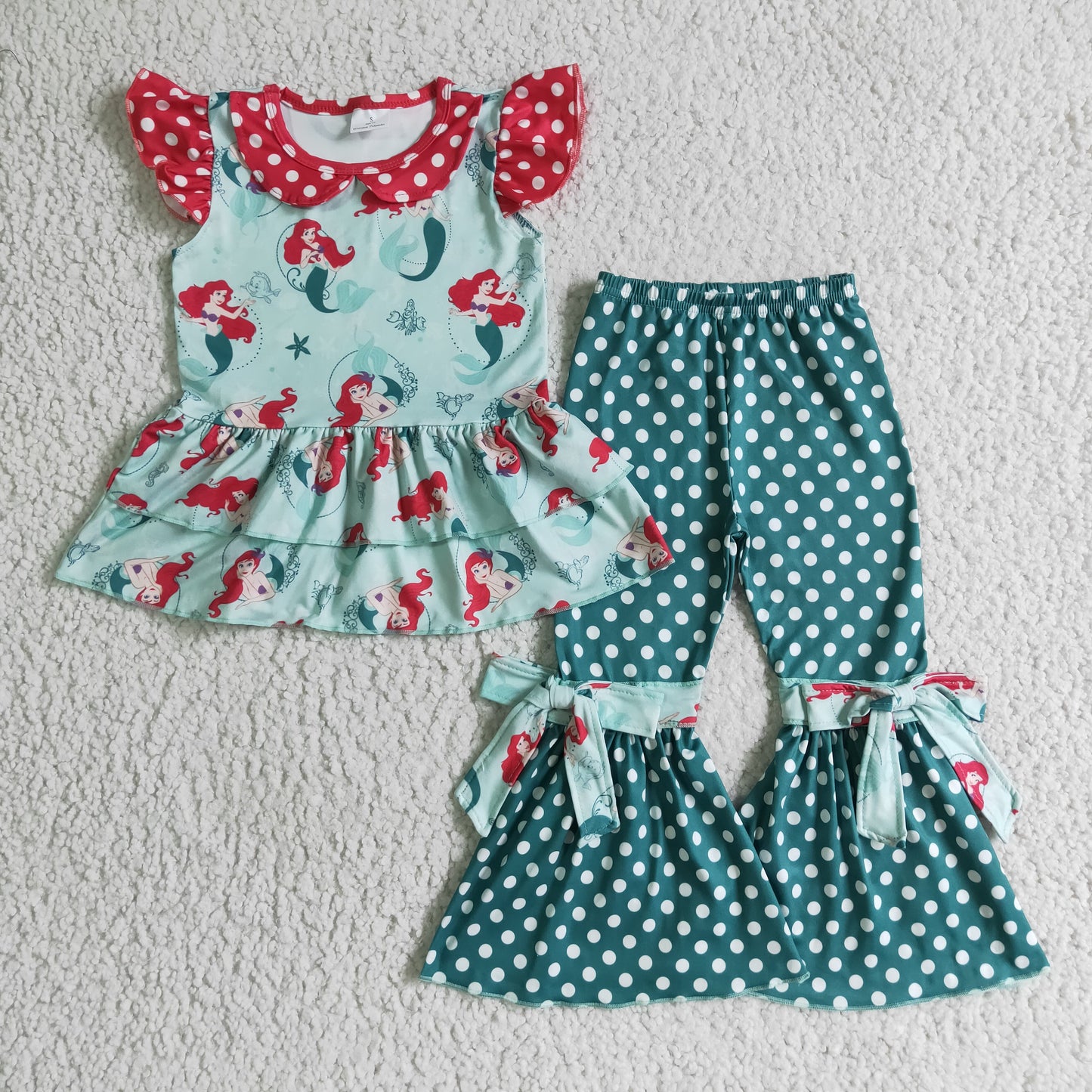 Princess ruffle top green polka dots pants kids girls clothing set