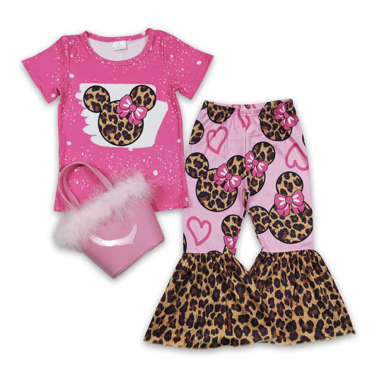 Pink mouse leopard bell bottom pants girls outfits purse set