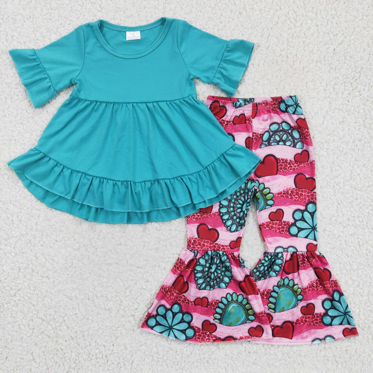 Cotton tunic turquoise heart pants girls Valentine's clothes