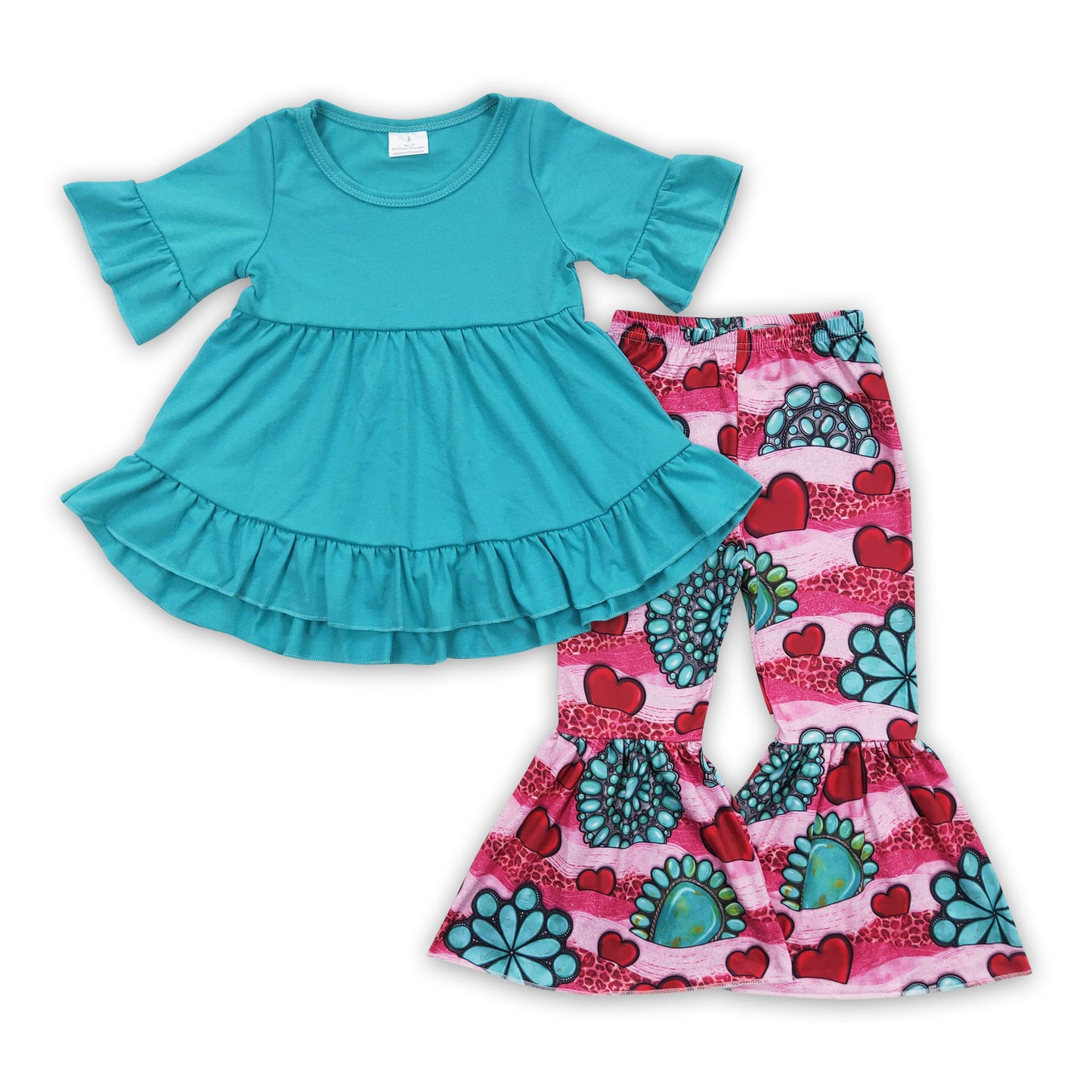 Cotton tunic turquoise heart pants girls Valentine's clothes