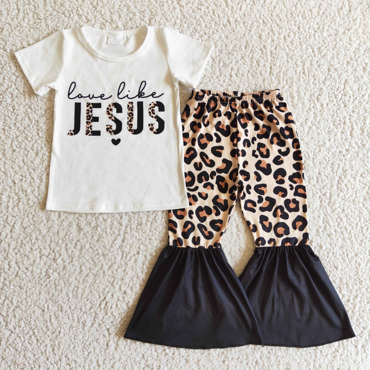 Love like jesus leopard black bell bottom pants girls outfits