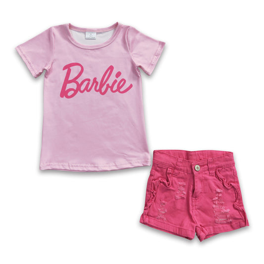 Pink shirt match denim shorts party girls clothing