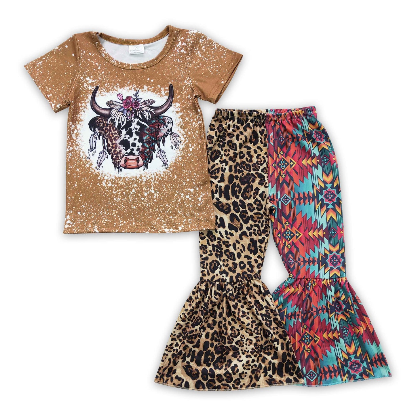 Leopard aztec cow bleached bell bottom pants girls western clothes