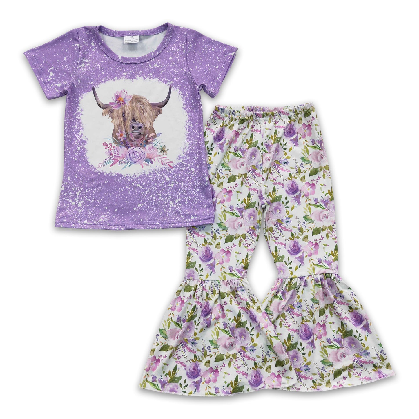 Highland cow shirt lavender floral pants girls spring clothes