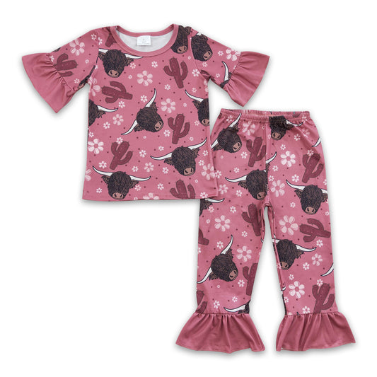 Highland cow cactus kids girls pajamas