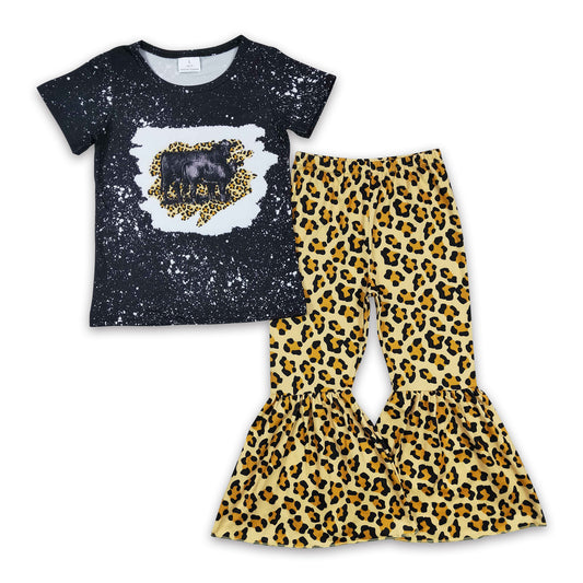 Black cow bleached shirt leopard pants baby girls clothes