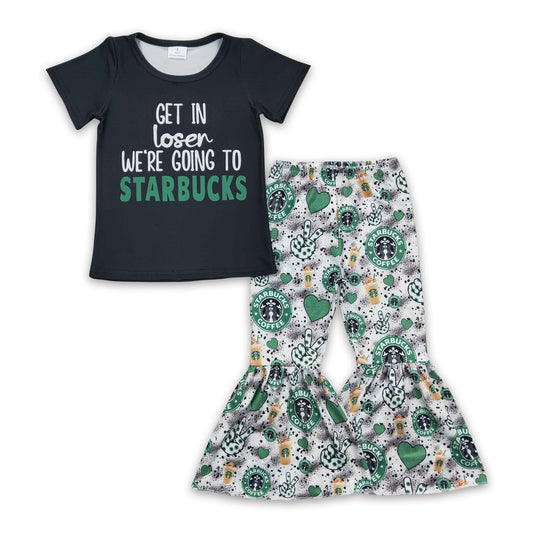 Get in coffee shirt match bell bottom pants girls clothing set