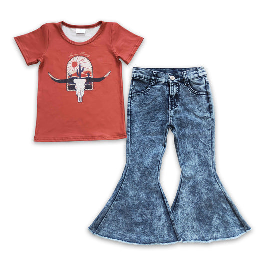 Bull skull cow cactus shirt jeans girls western clothing