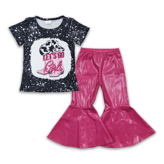 Let's go girls shirt hot pink leather bell bottom pants girls clothing