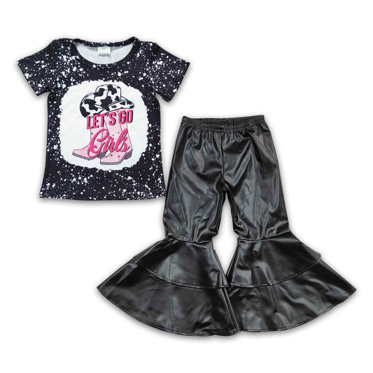 Let's go girls shirt black leather bell bottom pants girls clothing