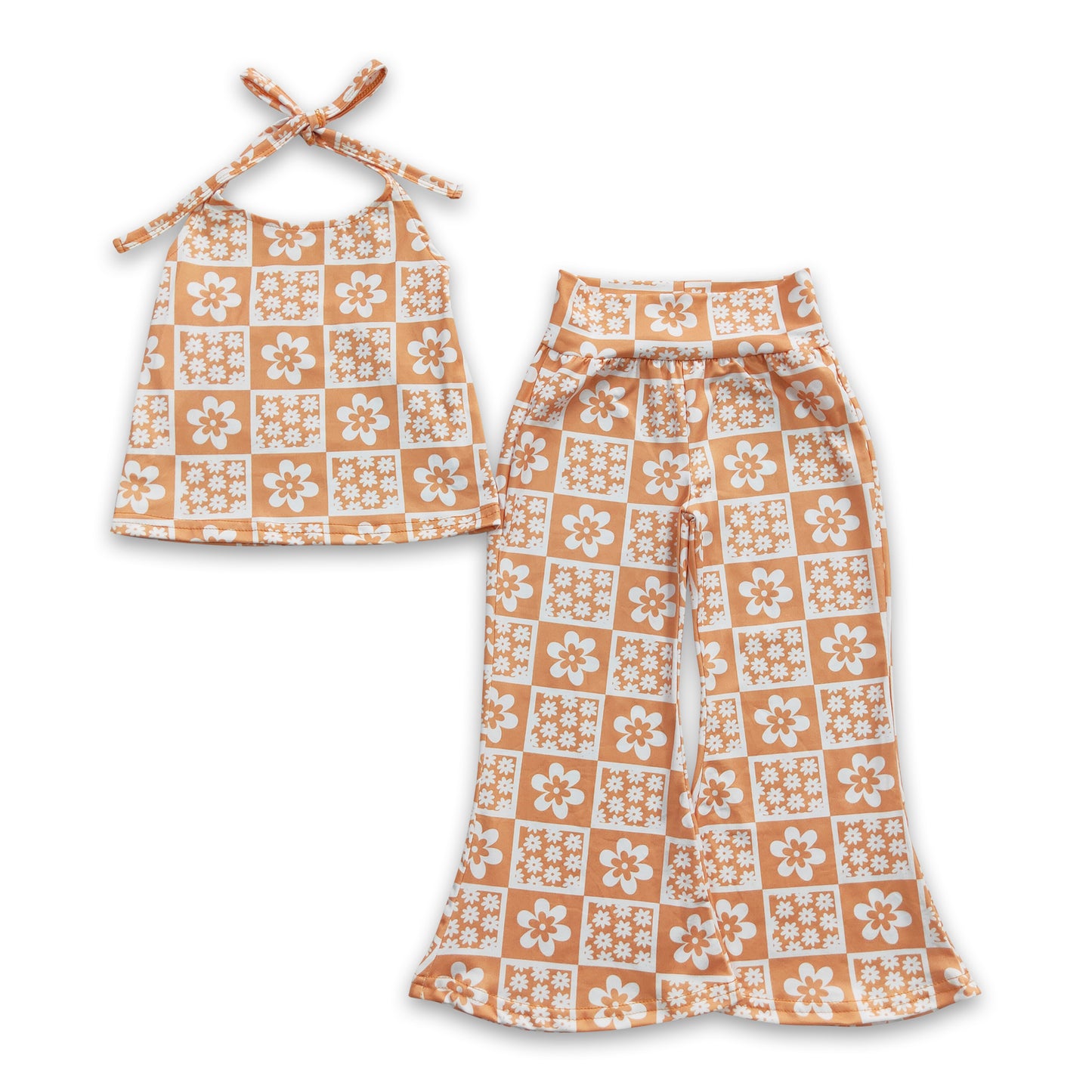 Orange floral top bell bottom pants girls clothing set