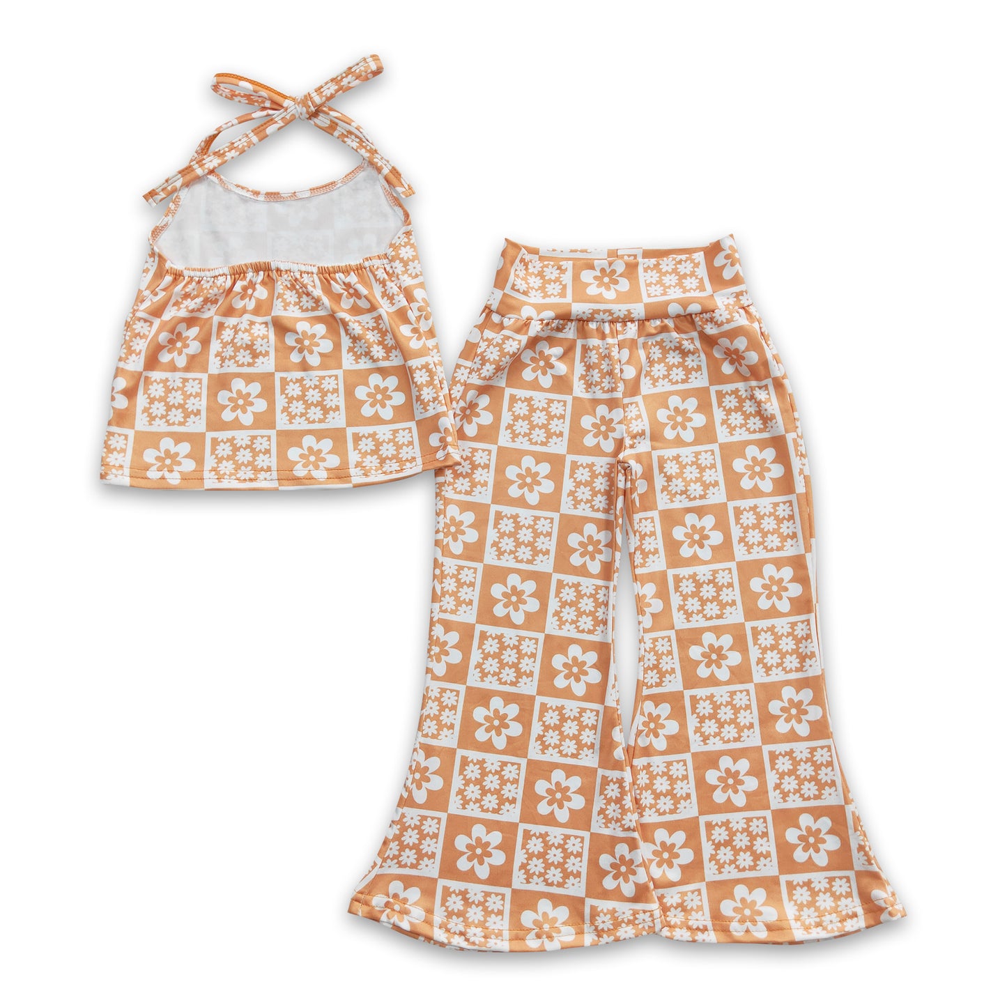 Orange floral top bell bottom pants girls clothing set