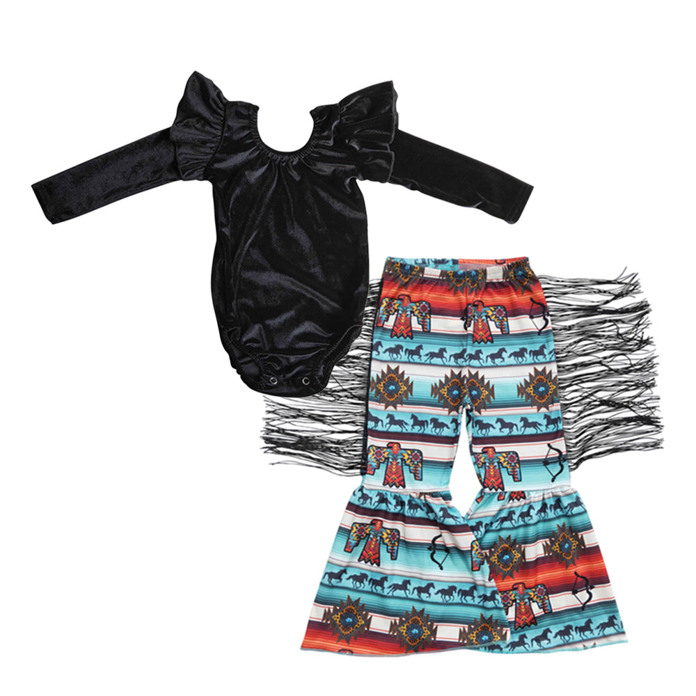 Black romper horse bird tassels pants baby girls clothing