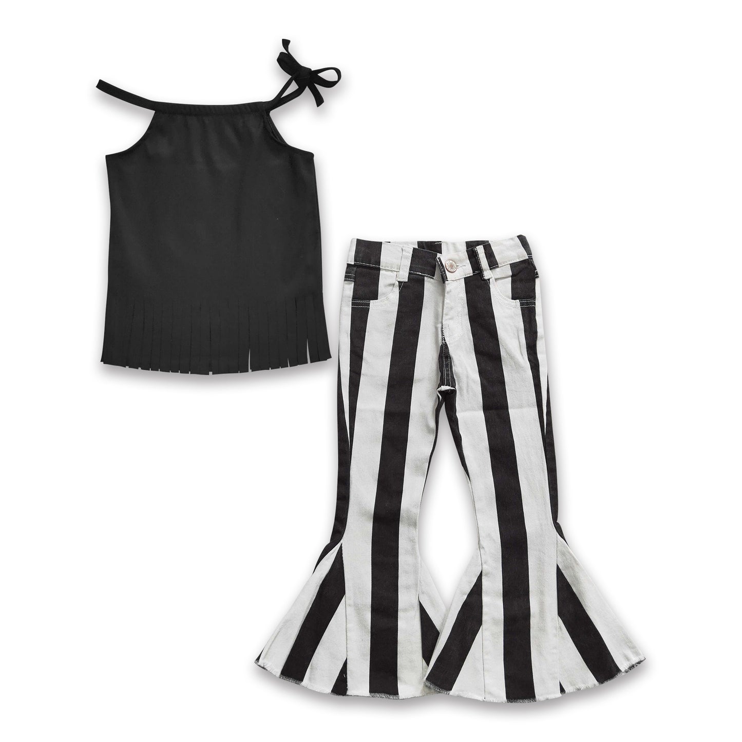 Black tassels sleeveless top black stripe jeans girls clothes