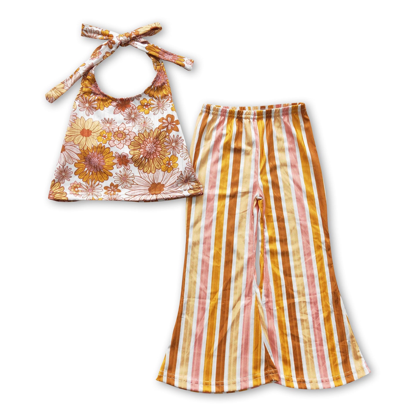 Flower halter top stripe pants kids girls clothing set