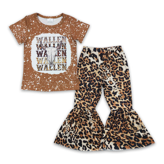 Brown bull skull leopard kids grils clothing