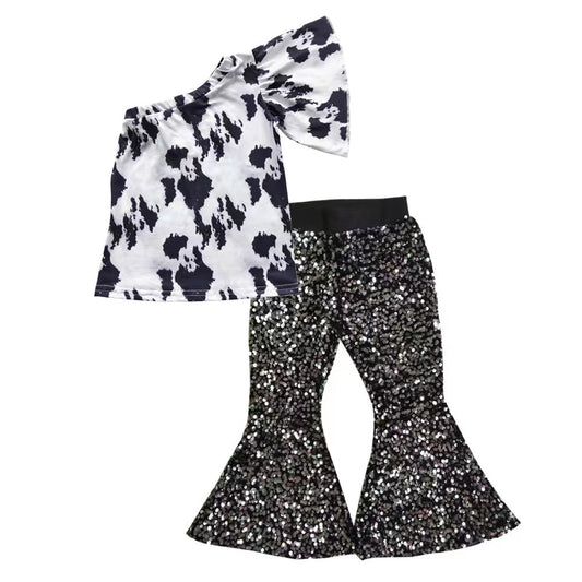 One shoulder cow print shirt sequin pants girls clothes