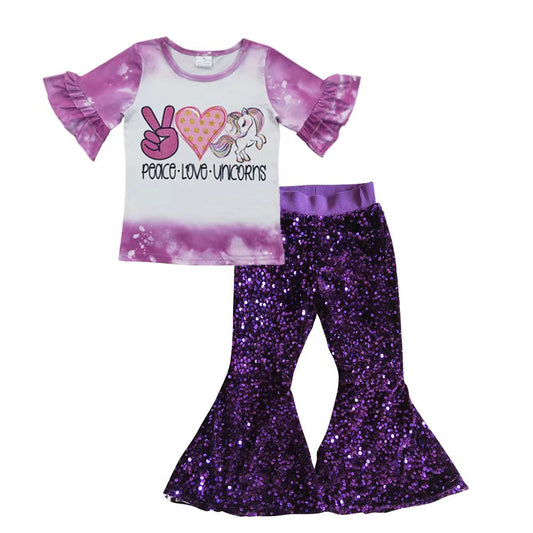 Peace love unicorns sequin purple pants girls clothes