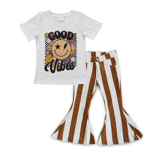 Good vibes smile shirt brown stripe jeans girls clothes