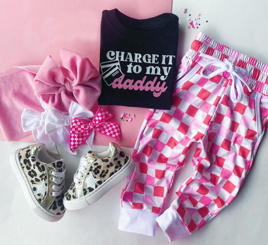 Charge it to my daddy short sleeves pink plaid kids girls outfits