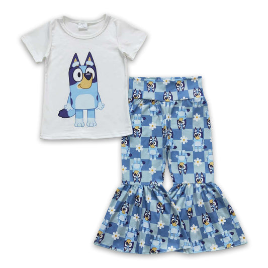 Short sleeves blue dog floral plaid girls outfits