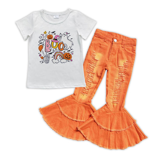 Boo ghost shirt orange distressed jeans girls Halloween clothes